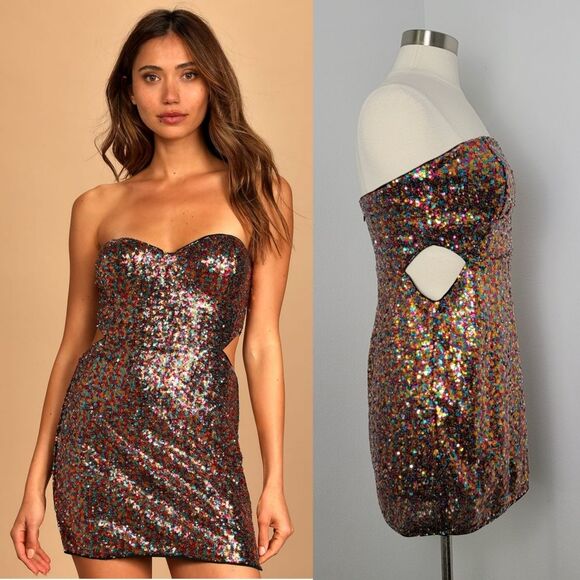 Lulu's Dresses & Skirts - Lulus Magical Night Rainbow Sequin Strapless Cutout Bodycon Mini Dress Large